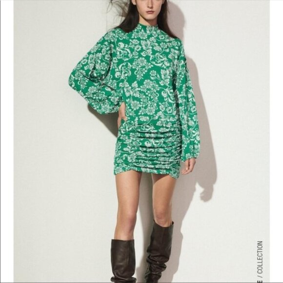Zara Dresses & Skirts - NWT Zara Green/White Floral Balloon Sleeve Jacquard Dress - Size Large